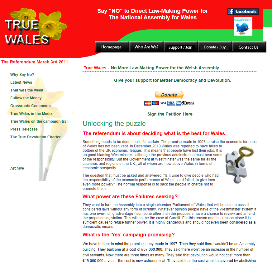 This is a screenshot from a website set up by True Wales. Its headline is 'No More Law-Making Power for the Welsh Assembly'. Underneath there is a heading 'Unlocking the puzzle' and the following sections: 'The referendum is about deciding what is the best for Wales', 'What power are these Failures seeking?' and 'What is the 'Yes' campaign promising?'
