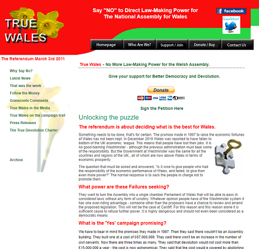 This is a screenshot from a website set up by True Wales. Its headline is 'No More Law-Making Power for the Welsh Assembly'. Underneath there is a heading 'Unlocking the puzzle' and the following sections: 'The referendum is about deciding what is the best for Wales', 'What power are these Failures seeking?' and 'What is the 'Yes' campaign promising?'