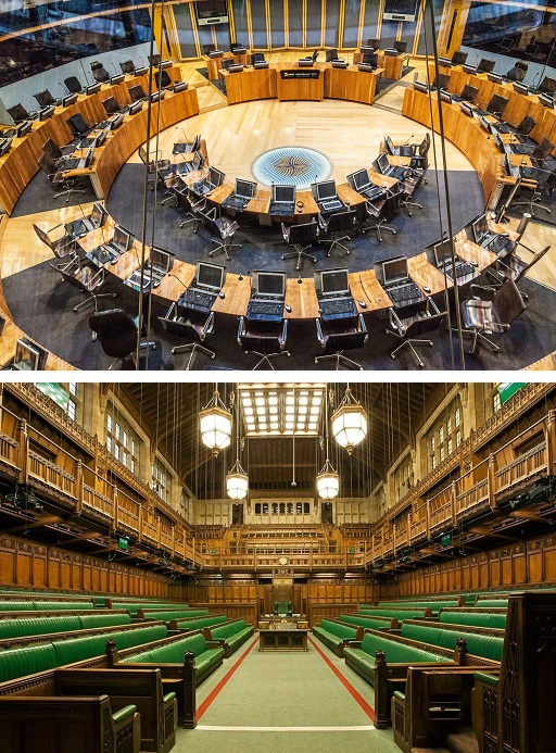 This is a composite of two photos comparing the Welsh and UK Parliaments. The Welsh Parliament image shows the siambr or debating room, a round room surrounded by glass. Work stations are arranged on wide curved desks, with all members facing the middle of the room. Each work station has a computer and chair. The UK Parliament image shows the House of Commons, a high-ceilinged rectangular room resembling a chapel. The central aisle separates the two areas of seating, which are wide green benches. These two seating banks face each other across the aisle.
