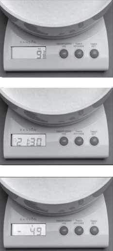 There are three photos of kitchen scales showing different weights.