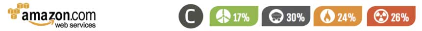A line from a table, where “Amazon.com web services” is shown to have a rating of C, followed by icons representing the source of its energy as follows green energy (17%), coal energy (30%), natural gas energy (24%) and nuclear energy (26%).