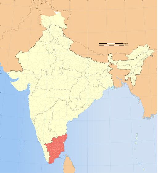 Map of India, with Tamil Nadu highlighted