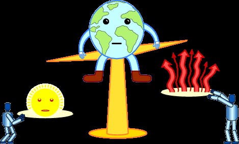This is a drawing of a set of balancing scales with the Earth (complete with arms & legs) sat atop. On the left pan, the sun weighs downwards; to the right, emissions from the surface are higher than the sub; robots appear to pull on both pans.
