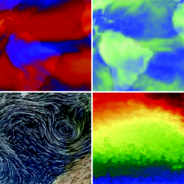 Figure 1 shows four images of Earth observation and modelling. The first two show a map of South and Central America and the Atlantic. The first shows red bands corresponding to latitudes equivalent to Central America and the Atlantic and violet bands corresponding to tropical latitudes. The next shows lines representing atmospheric circulation superimposed onto a map of the UK, France and the Iberian Peninsula, showing air circulation across the eastern Atlantic. The final image shows coloured bands (but no map), from red at the top of the image to violet at the bottom.