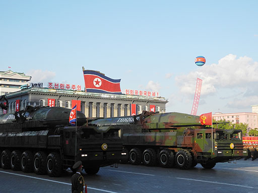 This photograph shows what appears to be a new ballistic missile and a launch-pad vehicle during a military parade held at Kim Il-sung Square in Pyongyang on 15 April 2012.