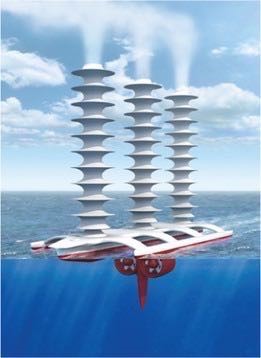Figure 9 is a drawing that shows a 3-hulled floating platform with tall chimneys for spraying sea droplets vertically upwards.