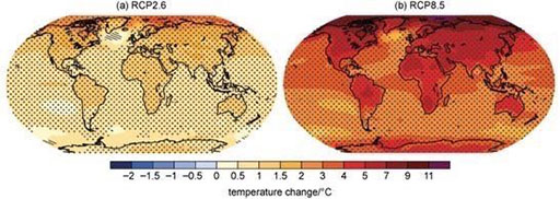 Figure 5 is colour coded global map for mean change of temperature from 2081 -2100, relative to 1986 - 2005, for RCP2.6 scenarios. It typically shows temperature increases of about 0.5 -1 °C over the oceans, North and South of the Equator, 1-1.5°C over continents and 1.5 - 3 °C over the Arctic. Figure 5 is colour coded global map for mean change of temperature from 2081 -2100, relative to 1986 - 2005, for RCP28.5 scenarios. It typically shows temperature increases of about 1-2 °C over the oceans, south of the equator, 2-3 °C over the oceans North of the equator, 4-7 °C over most of the continents and up to 11 °C over the Arctic.