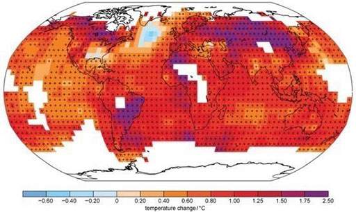 This map is colour coded in square cells on a grid, mostly with crosses in each cell, to show the change of temperature over the globe. Data points are over land and oceans. Most regions show temperature increases over 0.20 °C, some as high as 2.5 °C (including central Asia and parts of west Africa and Brazil). There are some decreases e.g. in the ocean South of Greenland. Some areas are white, largely Antarctica, the polar oceans and some regions of the Pacific Ocean and Africa.
