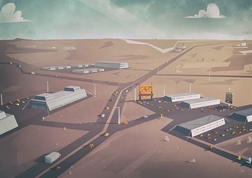 This scene shows roads with industrial buildings and many vehicles parked by them.