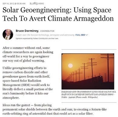 This figure shows an article from Forbes. The headline reads: Solar Geoengineering: Using Space Tech to Avert Climate Armageddon. The article was written by Bruce Dorminey.