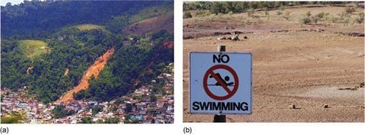 Figure 15a - This photograph shows a mudslide flowing down a hillside towards a town. Figure 15b - This photograph shows a 'No swimming' sign next to a dried up lake.