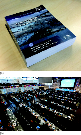 Figure 2a - This photograph shows a hardcopy of the IPCC Working Group 1 report. This is A4 size, but it is over 2 cm in thickness. Figure 2b - This photograph shows a large conference room with delegates sat at long tables facing a large display screen.