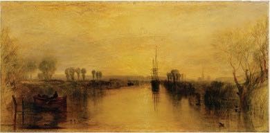 This is a photograph of J.M.W. Turner’s Chichester Canal painting. It shows a small boat fishing boat and a taller boat with upright sails on the canal. The hue of the painting is yellow, suggesting a sunset or sunrise.