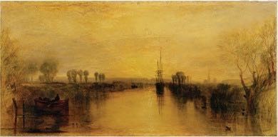 This is a photograph of J.M.W. Turner’s Chichester Canal painting. It shows a small boat fishing boat and a taller boat with upright sails on the canal. The hue of the painting is yellow, suggesting a sunset or sunrise.
