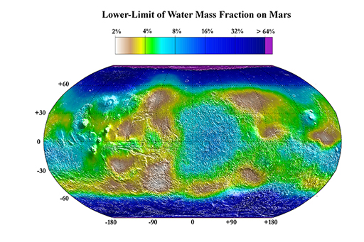 This figure is a map of Mars. It is colour coded from white, through browns, green, blue and violet. The colours are overlain onto a topographic map of Mars. Violet represents the highest amounts of water in the upper metre of the martian surface. White represents the lowest amounts of water in the upper metre of the martian surface. The martian poles are coloured dark blue. The remainder of the map is coloured light blue to brown. There is no obvious correlation with topography.