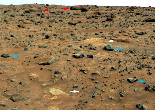 This figure is a photograph taken by the Pathfinder mission showing the martian landscape. The surface is a red-brown colour and is strewn with boulders of varying shapes and sizes. Red arrows point to rounded rocks which were likely shaped by the forces of water. White arrows point to lighter colour areas where the surface dust is thinner. Blue arrows indicate rocks with sharp edges that were likely ejected by nearby impact craters and/or ancient volcanoes.
