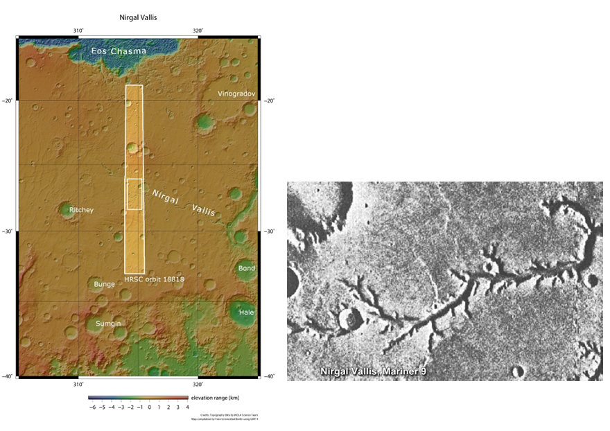 This figure consists of two parts. The left hand side is a false-coloured topographic map of the martian surface at Nirgal Valles. It is mostly orange coloured, but circular features (imact craters) are green, indicating low elevation. In the centre of the image a long box is overlain, containing a smaller box, highlighting where HRSC observations were made. The right hand side is a repeat of Figure 14 – the greyscale photograph of the martian surface taken from orbit by the spacecraft Mariner 9. This is part of the same area as that shown in the left had photograph of this figure.