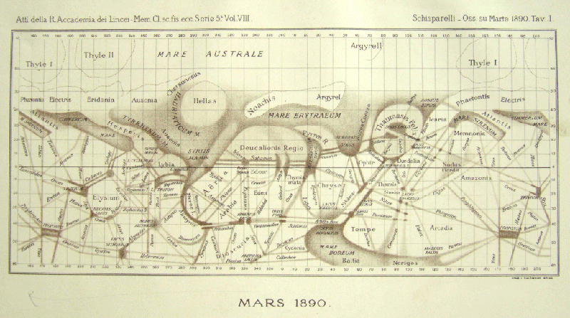This figure shows a hand-drawn map, about double the width compared to its height. Its title reads ‘Mars 1890’. The map area is divided into a grid pattern by horizontal and vertical lines, with a thicker horizontal line in the middle marking the equator. The top quarter of the map is mostly featureless and is labelled “Mare Austraale”. There are three circles in that area, named Thyle I and Thyle II, and Argyre II. Towards the bottom of the map, the drawing becomes more complex. In the second quarter from the top, dark shading surrounds two larger circles, one labelled Hellas and one labelled Thaumasia. The bottom half of the map is very different. There many random criss-crossing lines, no large circles, and only one small, shaded area in the bottom quarter. There are many labels on the map, including Hesperia and Arabia.