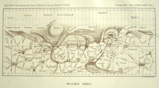 This figure shows a hand-drawn map, about double the width compared to its height. Its title reads ‘Mars 1890’. The map area is divided into a grid pattern by horizontal and vertical lines, with a thicker horizontal line in the middle marking the equator. The top quarter of the map is mostly featureless and is labelled “Mare Austraale”. There are three circles in that area, named Thyle I and Thyle II, and Argyre II. Towards the bottom of the map, the drawing becomes more complex. In the second quarter from the top, dark shading surrounds two larger circles, one labelled Hellas and one labelled Thaumasia. The bottom half of the map is very different. There many random criss-crossing lines, no large circles, and only one small, shaded area in the bottom quarter. There are many labels on the map, including Hesperia and Arabia.