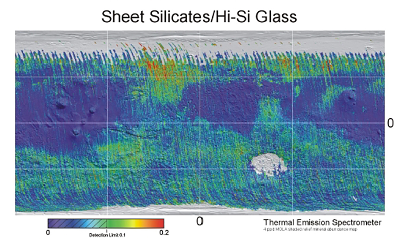 This figure is a map of Mars. The map is rainbow colour coded from red to violet. Violet and blue colours represent low detection of silicates. Orange and red colours show high detection of silicates. The map is roughly divided into thirds from top to bottom (north to south). The top third is mainly grey, indicating no data was collected there. The next third (to the south) is mainly blue, showing low levels of silicates, with some green areas to the south. The next third south blue and green, indicating higher levels of silicates. The south polar region is coloured grey, indicating no data was collected there.