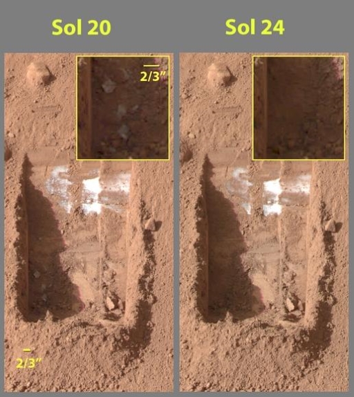 This figure consists of two photographs of the martian surface taken by the Phoenix lander, side by side. The left hand image is labelled Sol 20 and the right hand image is labelled Sol 24. Both images show a rectangular-shaped trench in the brown-coloured martian soil. The trench in the left hand image has small, dice-sized cubes towards one corner. These are absent in the right hand image. An inlay magnifying this area of the trench is shown.