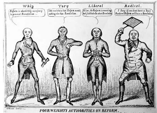 This black and white cartoon features caricatures of four standing male figures. On the left is a Whig, clasping a rolled-up document. Next to him is a Tory, dipping a hand into his pocket. Next is a Liberal, twiddling his thumbs. And on the right is a Radical, ready for action with legs apart and a gridiron raised above his head.