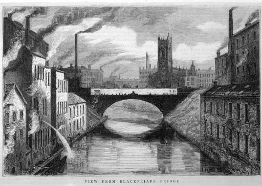 This is a black and white newspaper illustration, captioned ‘View from Blackfriars Bridge’, of factories lining the banks of a river. Beyond the bridge in the centre, city buildings and mill chimneys recede into the distance. Dark smoke rises from the chimneys, and liquid pours into the river from a spout in one of the factory walls.
