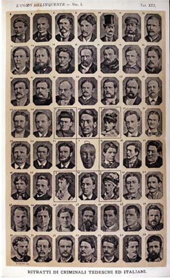 This is a series of small black and white photographic portraits, arranged in eight rows of seven. Most of the subjects are male, and framed in a full-face head and shoulders shot. A few wear a collar and tie, and one has a top hat, while others wear the collarless shirts of workmen.