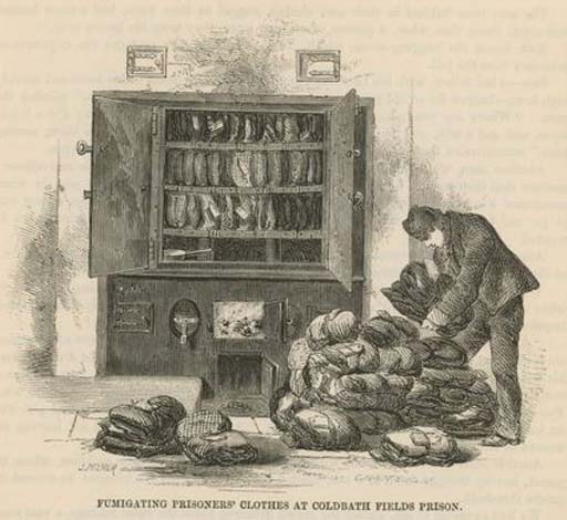 In this black and white illustration, a man on the right sorts through bundles of clothes piled up on the floor. In a sunken hearth behind him is a large range, with glowing flames in its open firebox. Above the range is an open-doored metal cabinet, packed with bundles of clothing.