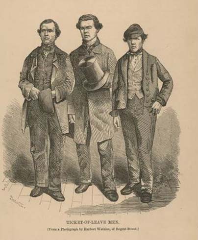 Three men stand shoulder to shoulder in this black and white illustration. All are neatly dressed, with waistcoats under their jackets and topcoats, and knotted scarves at their necks. The man in the centre holds a top hat.