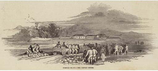 This is a black and white sketch of some carts and groups of men crossing a shallow stretch of water. In the background are a range of low buildings, with mountains rising beyond them. The convoy of prisoners is guarded by armed uniformed soldiers.