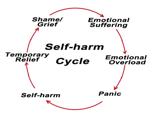 A cycle starting with emotional suffering with arrows linking to emotional overload, panic, self-harm, temporary relief and shame/grief.