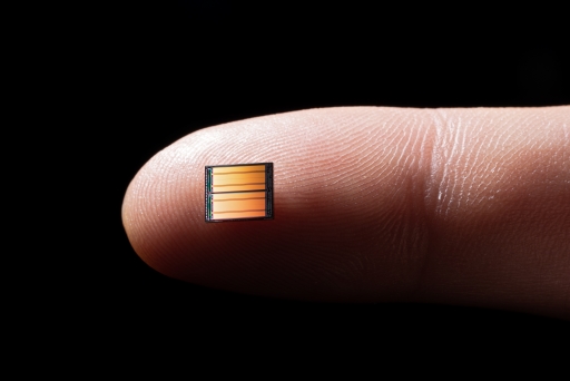 A computer chip on the tip of a finger.