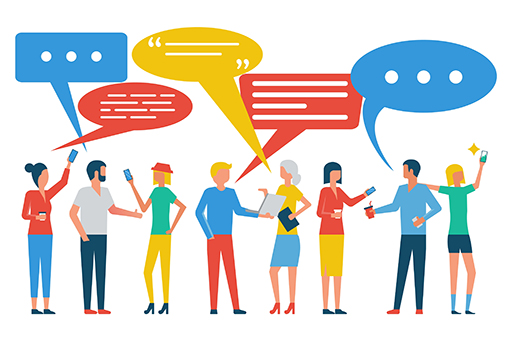 Eight cartoon people all wearing different colours appear with speech bubbles above their heads. There are no words in the bubbles, only dots and lines, so we can see that they are talking although we do not know what they’re saying.