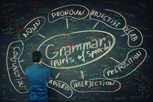 A man stands facing a black board with the word ‘grammar’ written in the middle. The words for the parts of speech appear in a circle around the outside: pronoun, adjective, verb, preposition, interjection, adverb, conjunction, noun