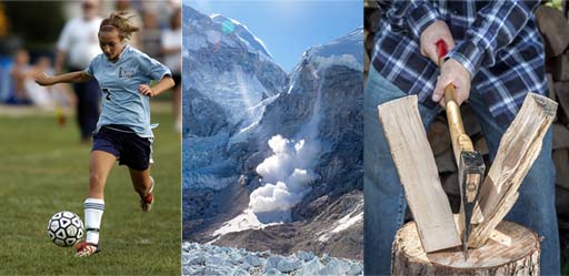 There are three images here, the first shows a football player striking a ball with her right foot. The second depicts an avalanche in full flow. The third shows a person chopping a piece of wood with an axe.