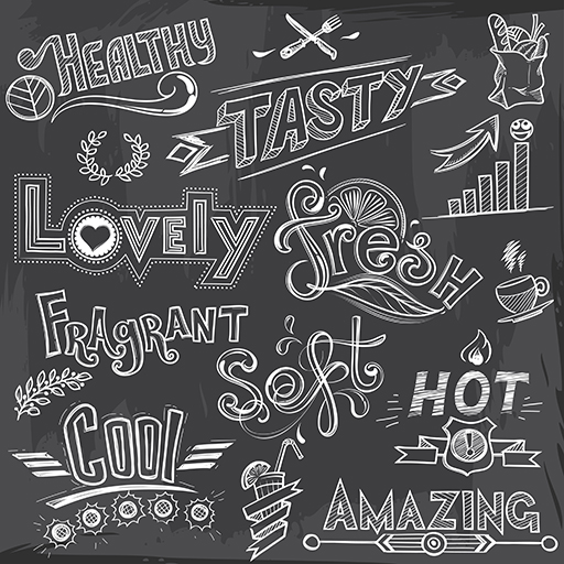 A chalk board with a range of adjectives written in decorative script. The words include: lovely, fresh, soft, hot, fragrant, cool, amazing, healthy, and tasty.