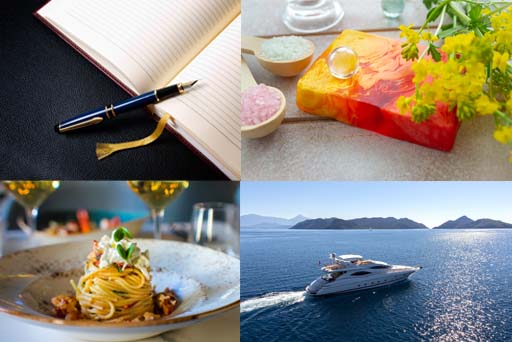 Four images showing options for products to advertise. Top left, a fountain pen sits on top of an open notebook. Top right, a multicoloured soap surrounded by teaspoons of bath salts. Bottom left, a plate of spaghetti. Bottom right, a yacht speeding across the ocean.