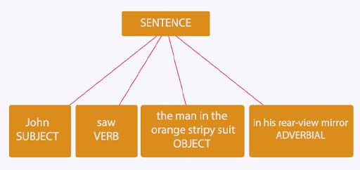 A tree diagram showing the components of a sentence with two objects. The word ‘Sentence’ is at the top of the diagram with four lines branching out from beneath it. The first line goes to the subject (John), the second line goes to the verb (saw), the third goes to the object (the man in the orange stripy suit), and the fourth goes to an adverbial (in his rear-view mirror).