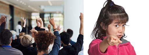 On the left, a room full of people stand facing away from the camera with their hands raised to ask questions. On the right, a young girl points towards the camera.