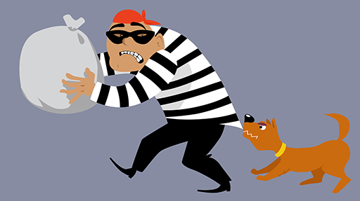 A burglar in a black and white striped jumper is running away from a dog while carrying a bag of loot. The dog is biting the burglar’s shirt in order to stop him from getting away.