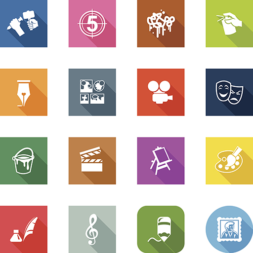 16 coloured icons represent different elements of the arts from a quill pen to a treble clef.
