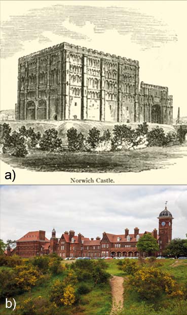 (a) This is a black and white illustration of an imposing stone-built castle, located on a raised mound. The castle is constructed as a solid square block, with its façades punctuated by regularly spaced projections. A lower extension on the right houses an arched entranceway. (b) This colour photograph features a three-storey red-brick building, with high-pitched roofs and many chimneys. At its right end is a clock tower, and on the left is an extension whose small windows suggest that it houses additional cells. In the foreground is a gorse-covered bank.