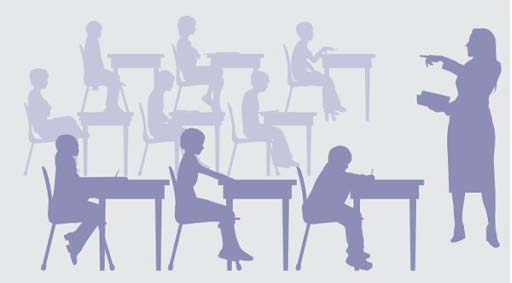 An illustration of reflections/shadows of people sat at desks in a classroom formation. There is a person standing at the front of them, teaching.