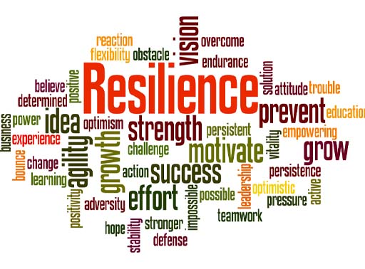 A word cloud of lots of different words, with the main ones being resilience, strength, motivate, agility and vision.