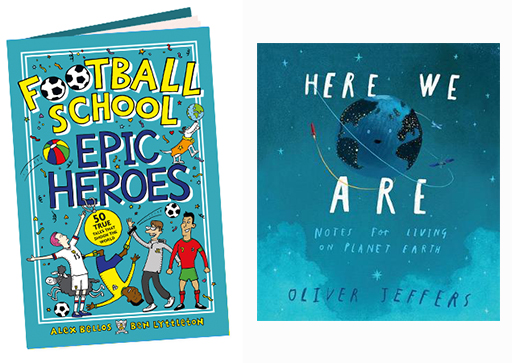 Book covers of Here we are and Football School Epic Heroes