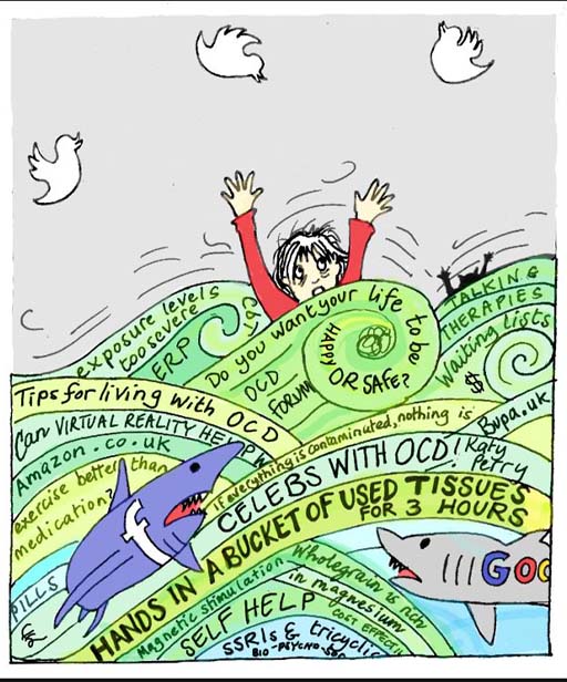 An illustration of a person in the sea drowning with lots of different words surrounding them, such as ‘tips for living with OCD’ and ‘exposure levels too severe’.