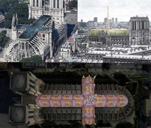 Three designs which were submitted for the Notre-Dame restoration are shown. One has large stained-glass windows covering the roof. Another shows the roof rebuilt using greenhouse glass, with plant life visible within, and a tall apiary standing in place of the spire. The third shows the roof replaced with a large outdoor swimming pool.