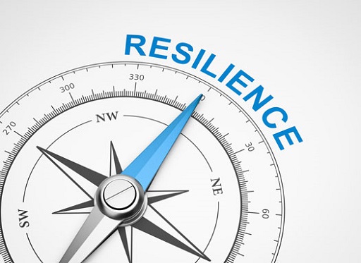 Image of compass with needle pointing towards the word resilience