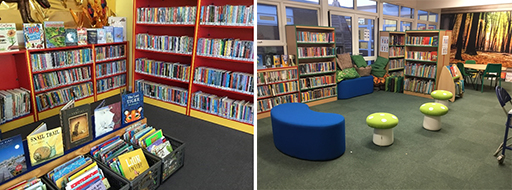 Two photos of school reading areas.